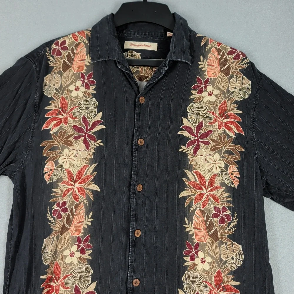 Tommy Bahama Shirt Mens L Black Hualalai Floral Hibiscus‎ Silk Blend Aloha Camp